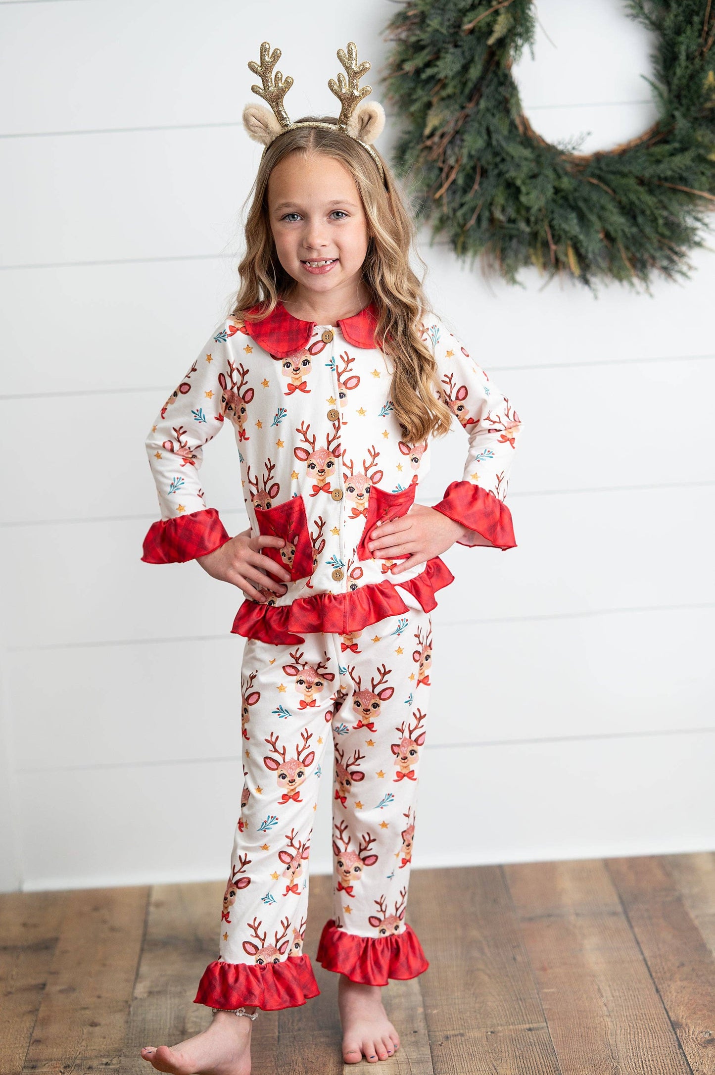Kids Reindeer Pocket Button Holiday Lounge Play Ruffle Set