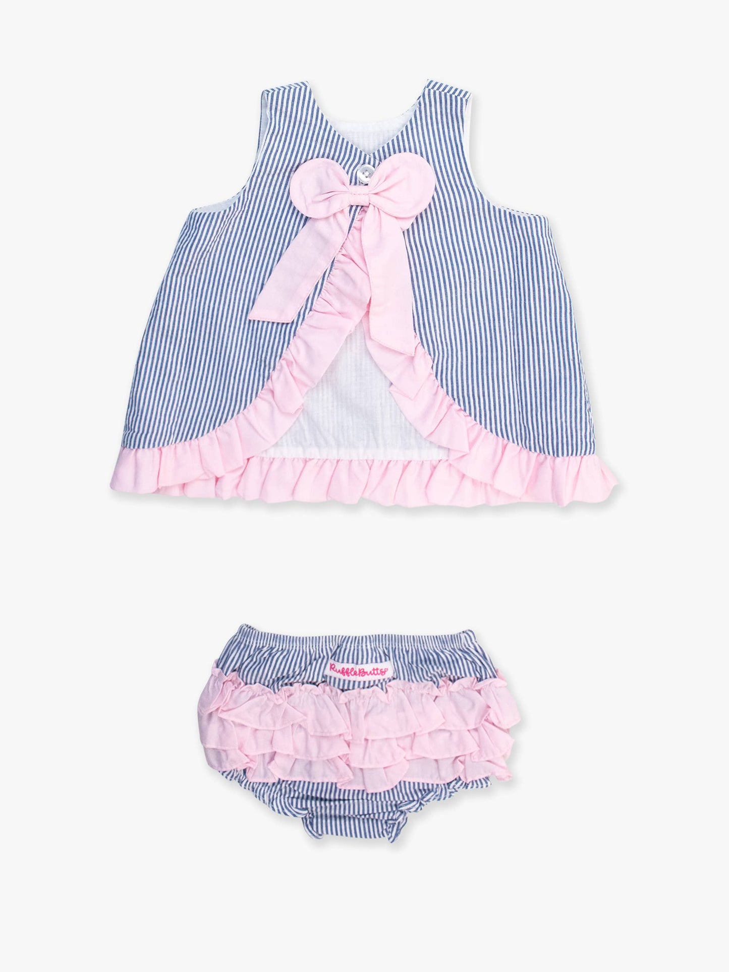 Baby Girls Classic Blue Seersucker Ruffle Swing Top and Bloomer Set