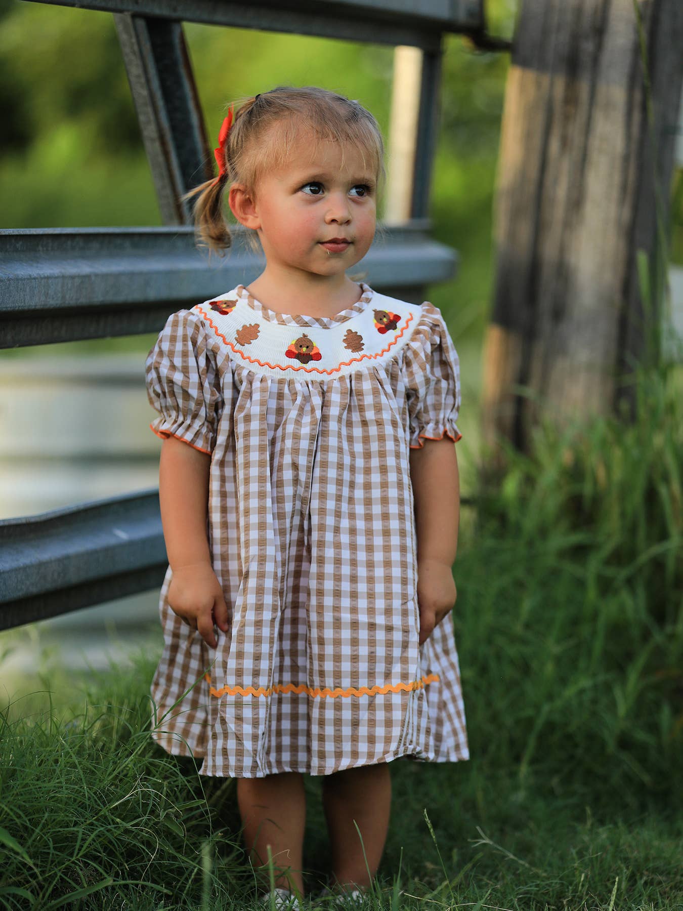 Girls Thanksgiving Smocking Embroidered Brown Plaid Dress