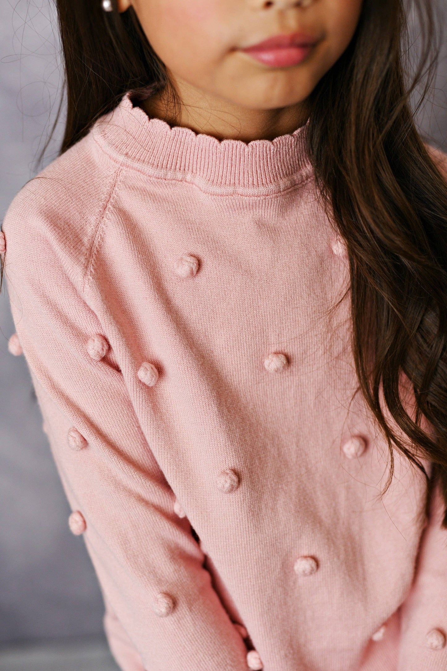 Kids Pink Pom Pom Fall Winter Scalloped Crew Neck Sweater