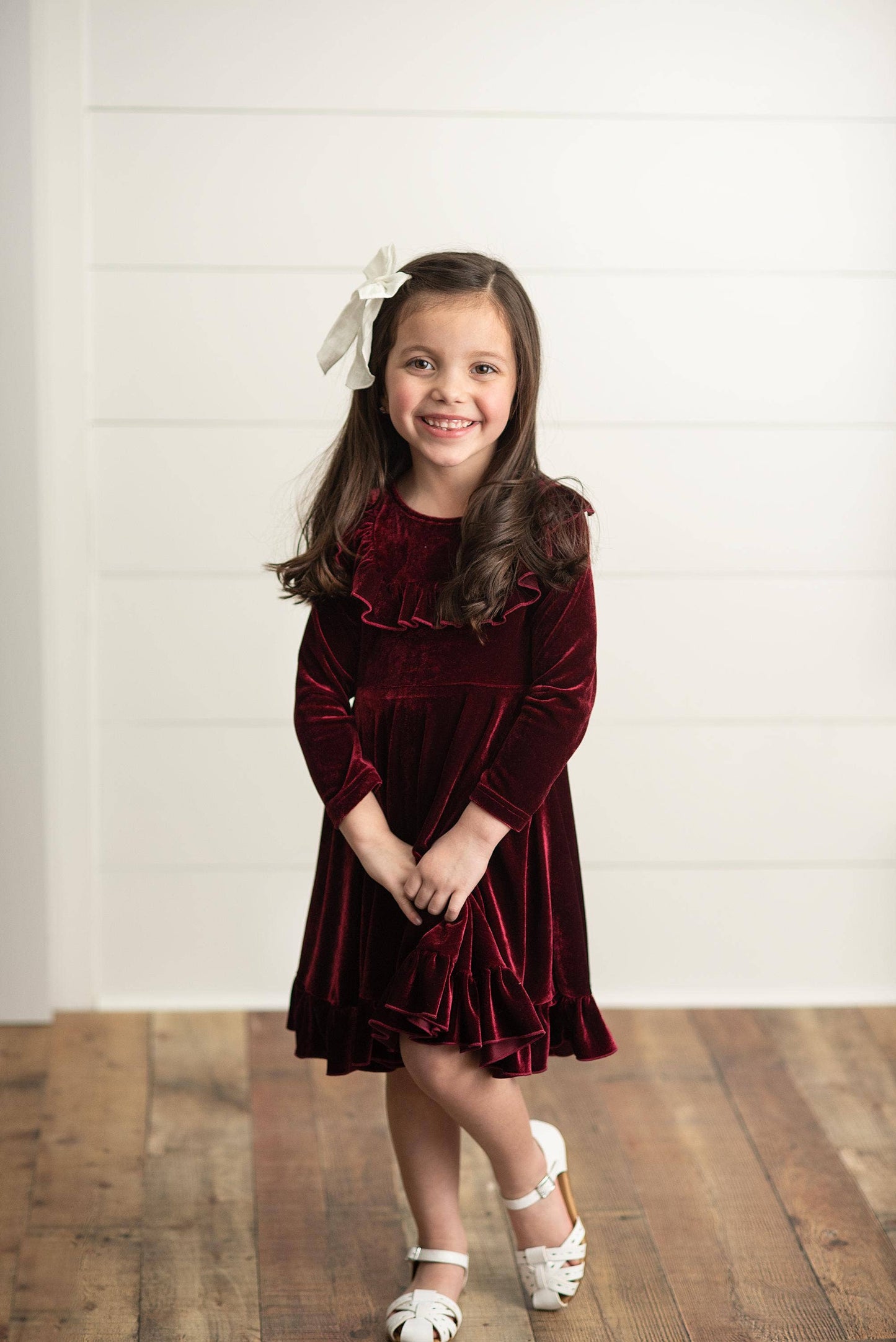 Kids Wine Velvet Ruffle Fancy Winter Christmas Holiday Dress