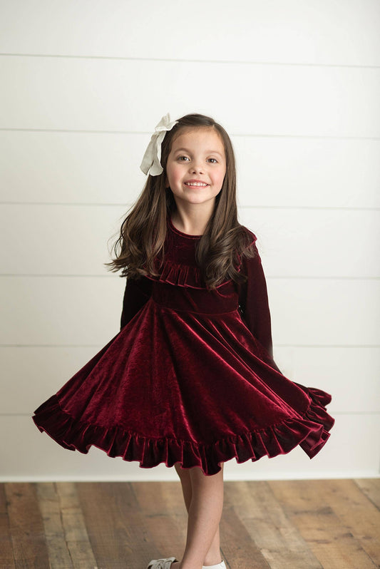Kids Wine Velvet Ruffle Fancy Winter Christmas Holiday Dress