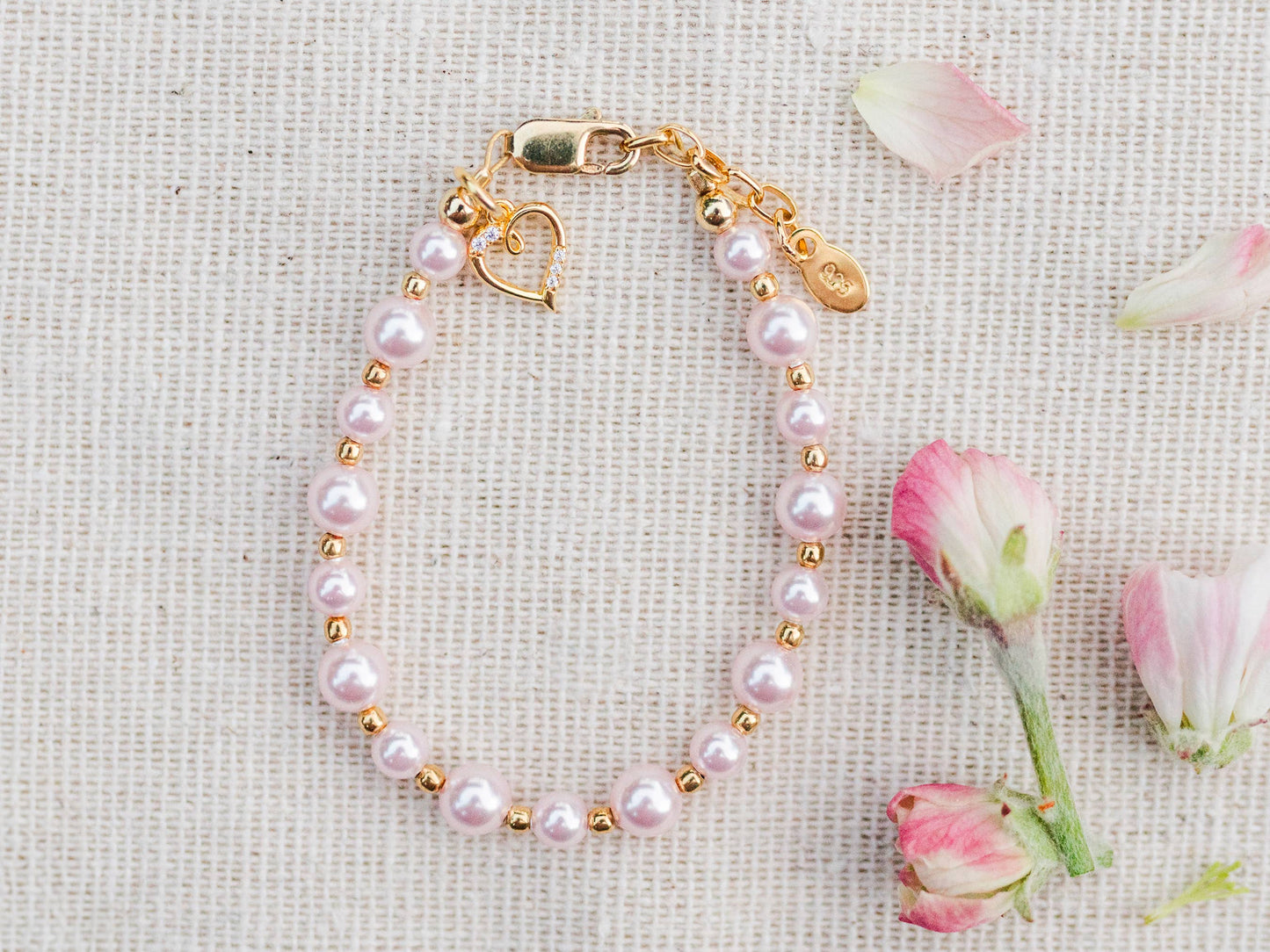 14K Gold-Plated Pink Pearl Baby Heart Bracelet Kids Jewelry