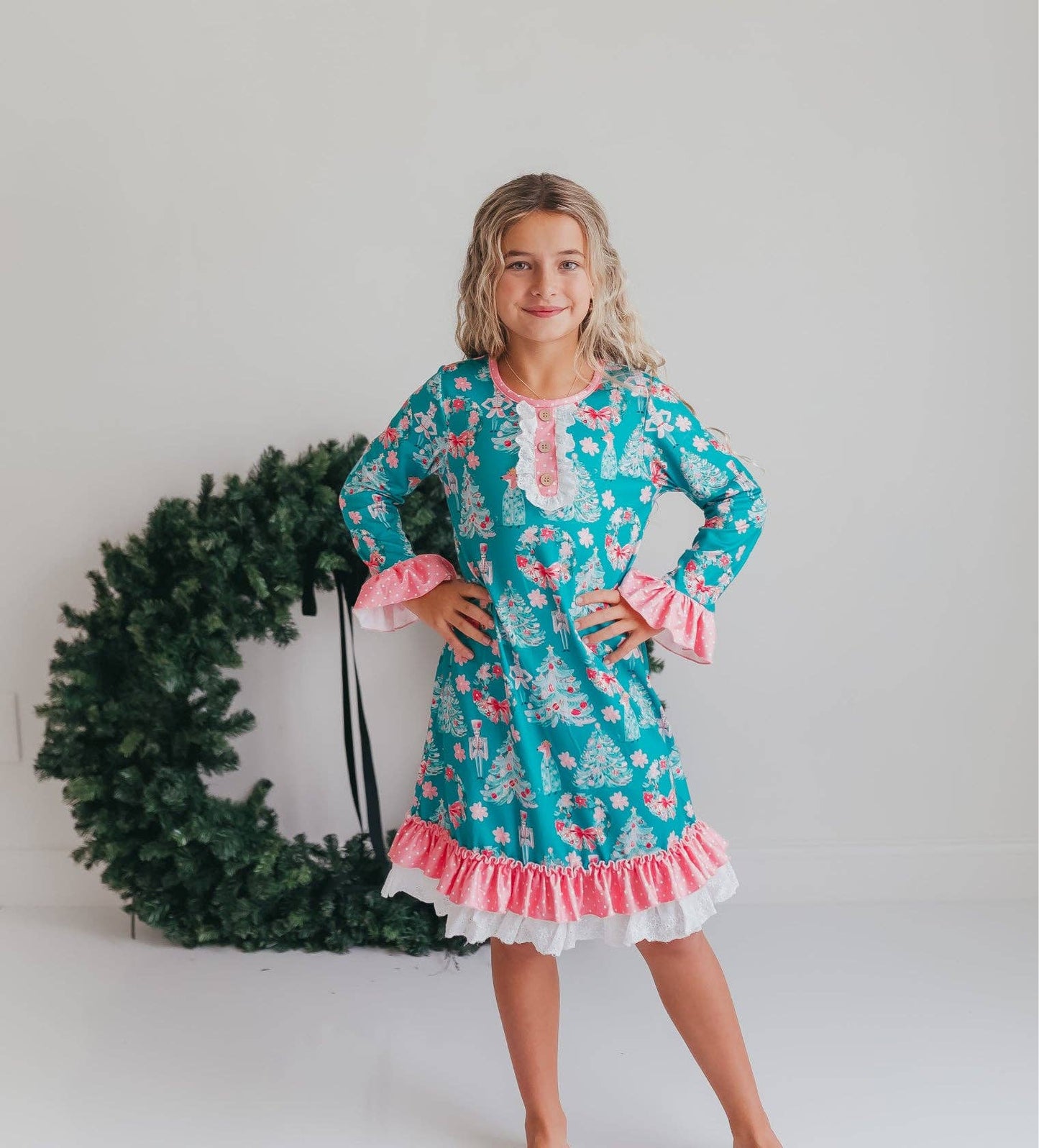 Kids Pink Teal Christmas Holiday Nutcracker Lace Lounge Gown