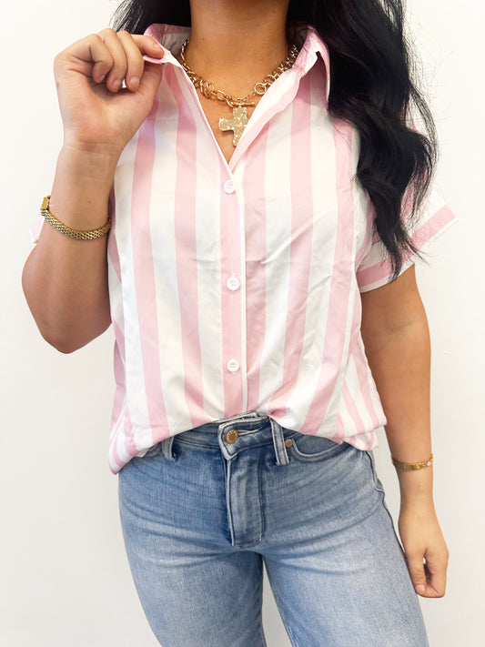 Pink & White Striped Button Up