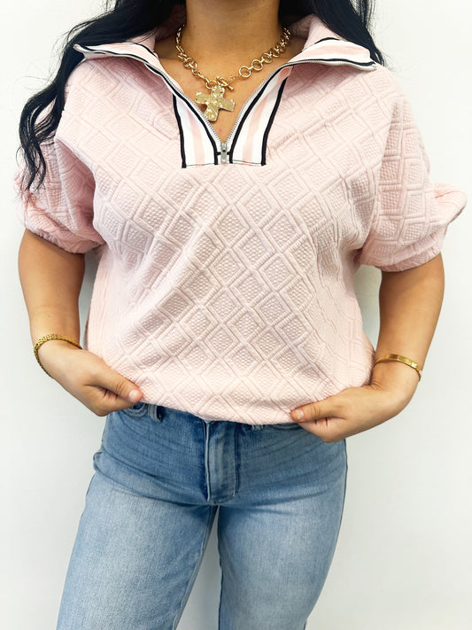 Pink Pattern Collard Quarter Zip