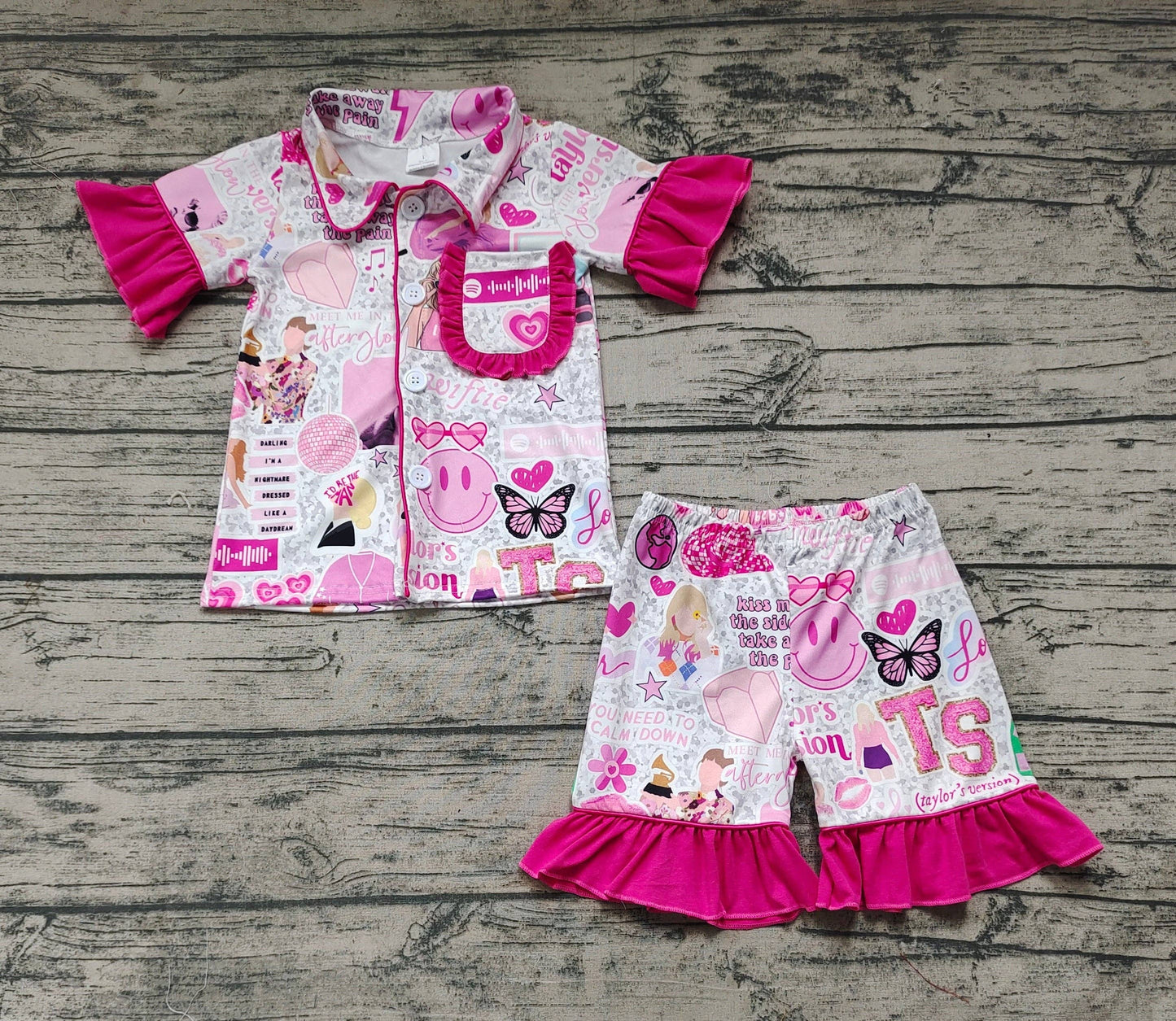 Baby Girls Pop Singer Pink Buttons Shirt Top Ruffle Shorts P