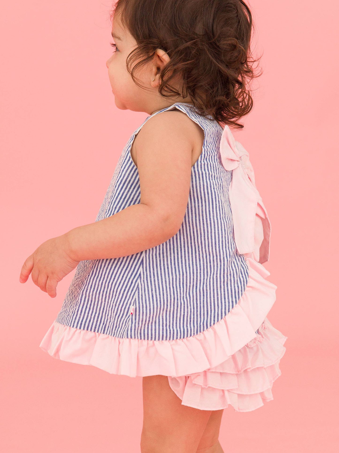 Baby Girls Classic Blue Seersucker Ruffle Swing Top and Bloomer Set