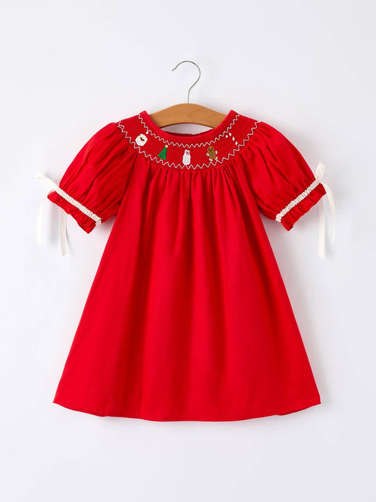 Christmas Gingerbread Embroidery Red Girls Dress with Bow