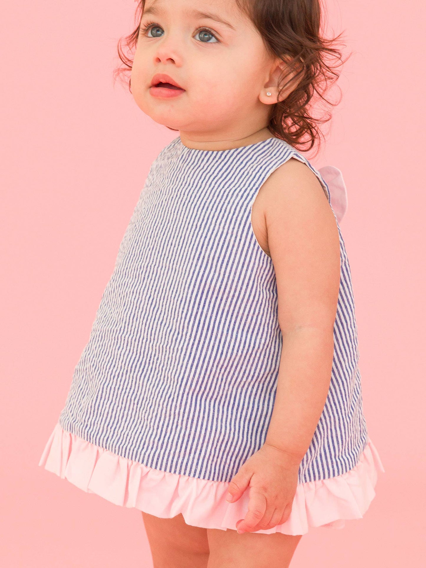Baby Girls Classic Blue Seersucker Ruffle Swing Top and Bloomer Set