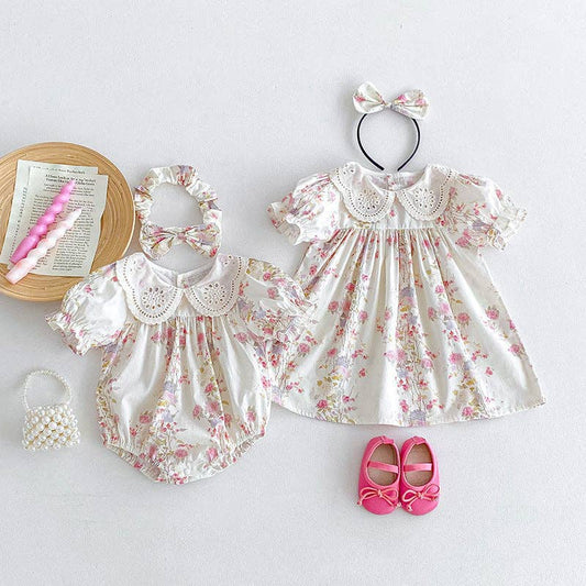 Sweet Floral Lace Baby Girls Romper and Short Sleeve Dress Match Headband