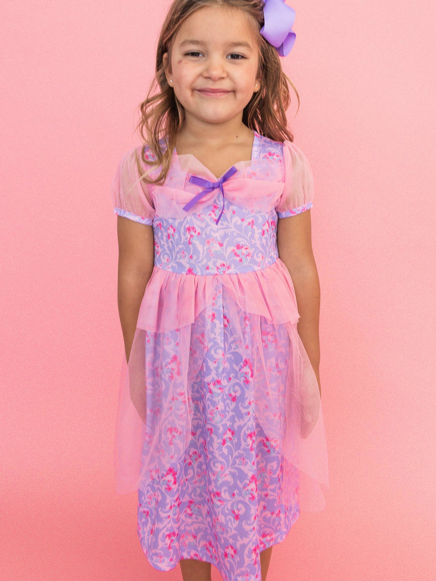 SoftSnooze™ Girls Lavender Floral Princess Puff Sleeve Dress-Up Nightgown