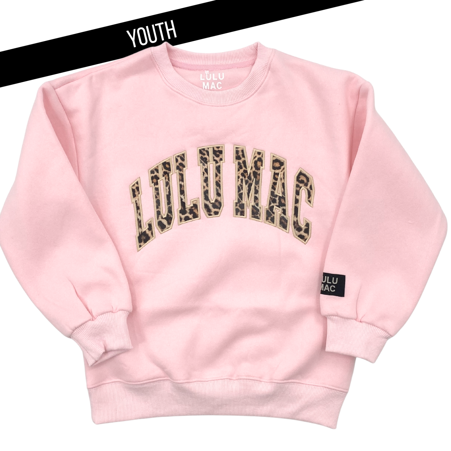 Lulu Mac Leopard Logo on Light Pink Pullover - Youth