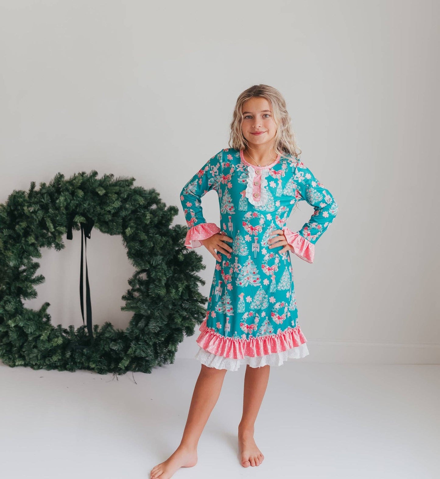 Kids Pink Teal Christmas Holiday Nutcracker Lace Lounge Gown