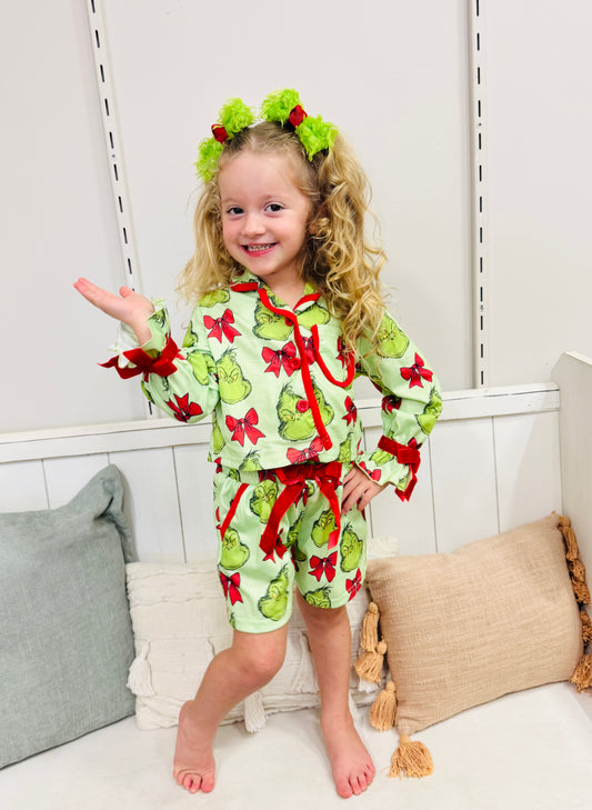 Green Christmas  Character Bow Print Girls Pajama Set