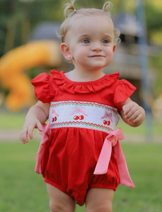 Red Cherry bow girls romper