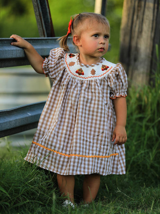 Girls Thanksgiving Smocking Embroidered Brown Plaid Dress