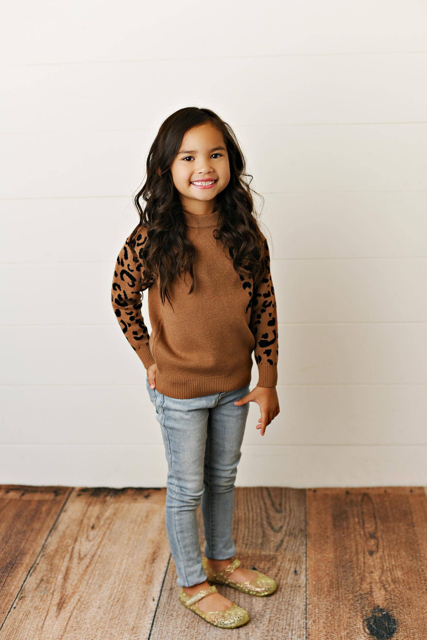 Kids Brown Leopard Print Crew Neck Fall Winter Sweater