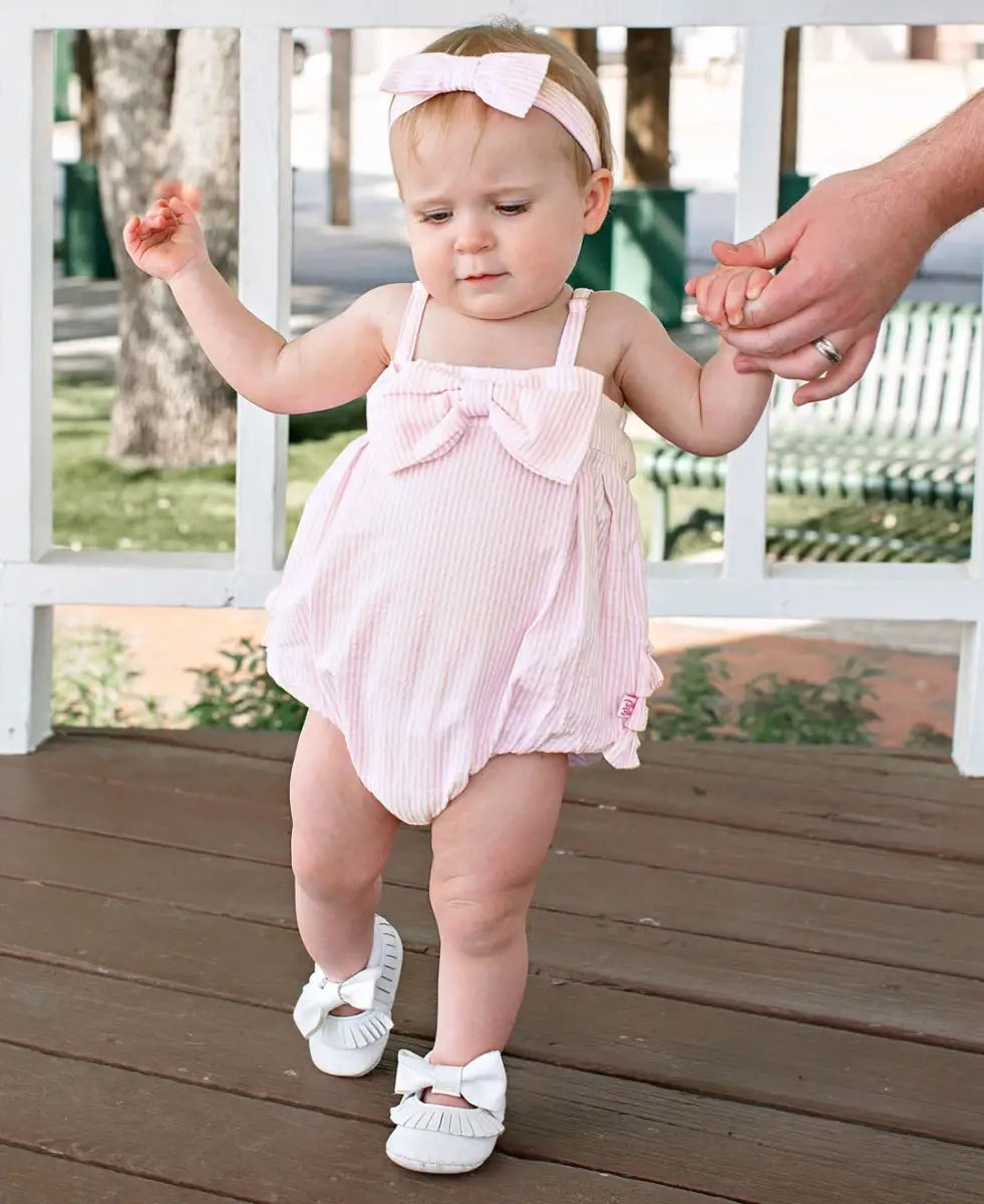 Baby Girls Pink Seersucker Bow Front Bubble Woven Romper