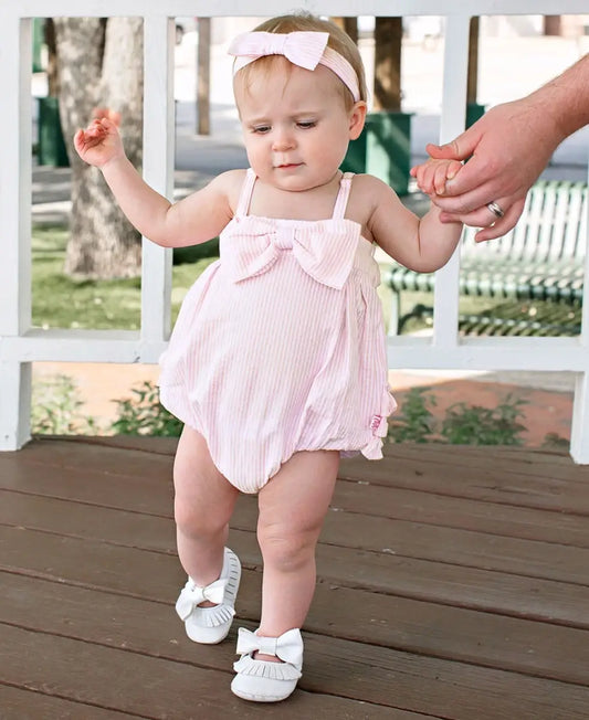 Baby Girls Pink Seersucker Bow Front Bubble Woven Romper
