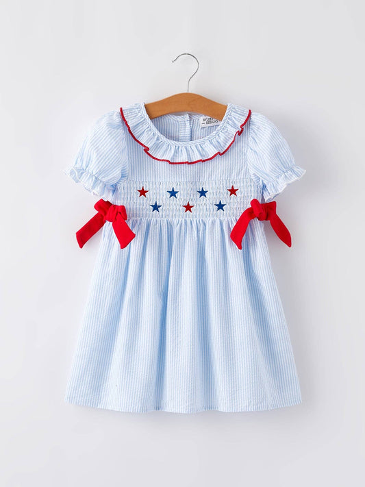 4th of july Smocking Star Embroidered Dress
