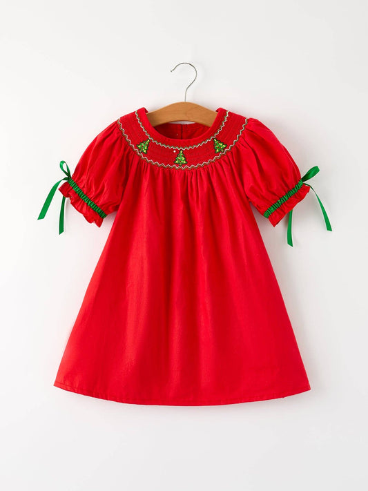 Christmas Girls Dress : Adorable Green Christmas Tree Embroidery