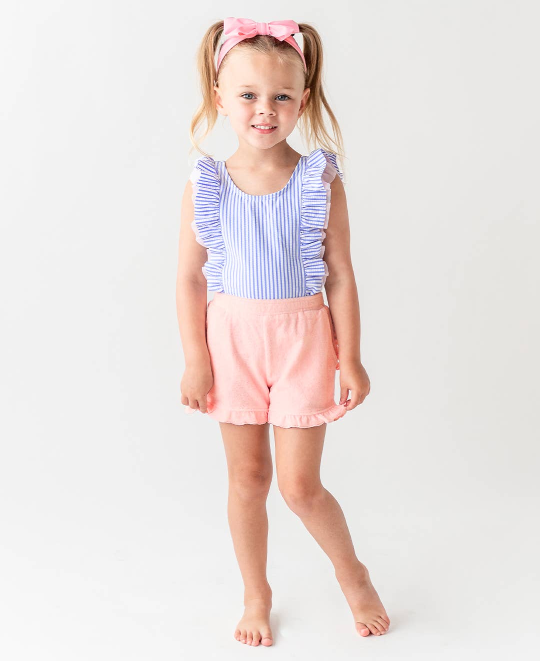 Girls Periwinkle Blue Seersucker Waterfall One Piece Swimsuit