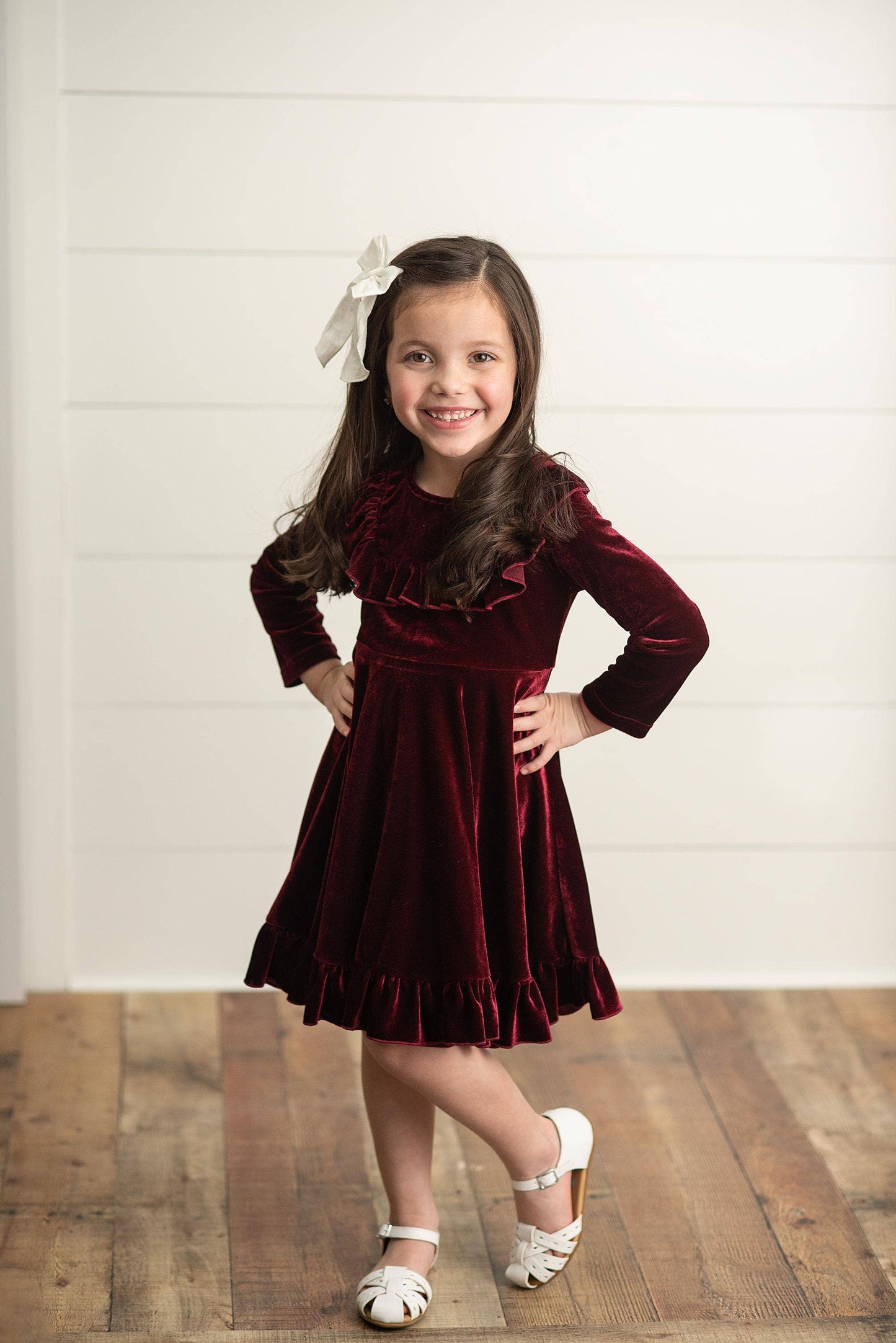 Kids Wine Velvet Ruffle Fancy Winter Christmas Holiday Dress
