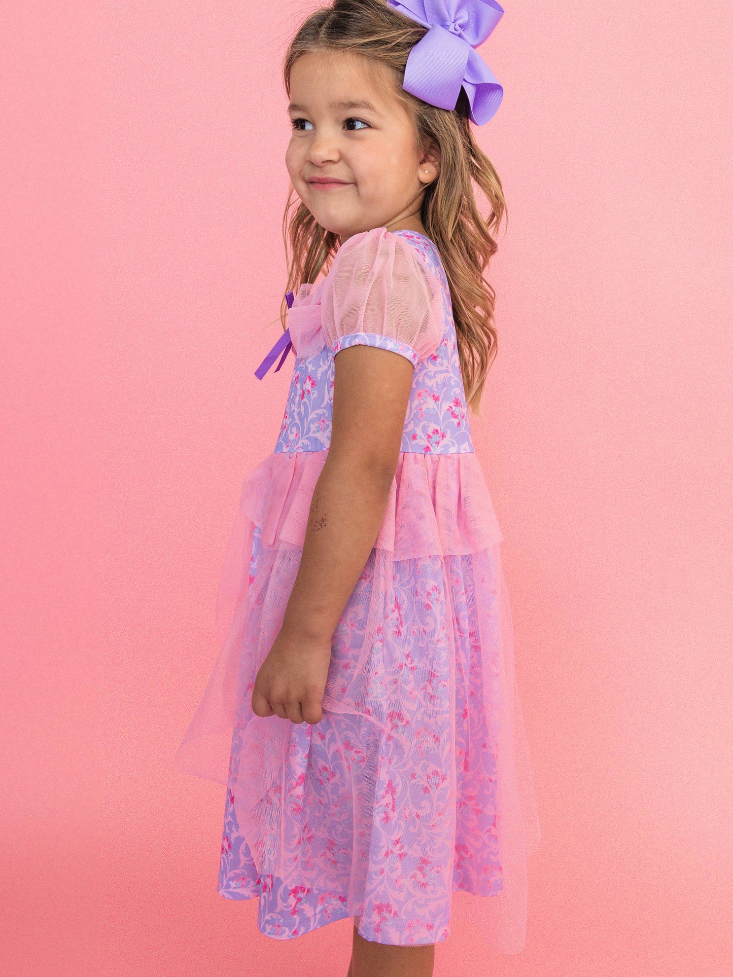 SoftSnooze™ Girls Lavender Floral Princess Puff Sleeve Dress-Up Nightgown
