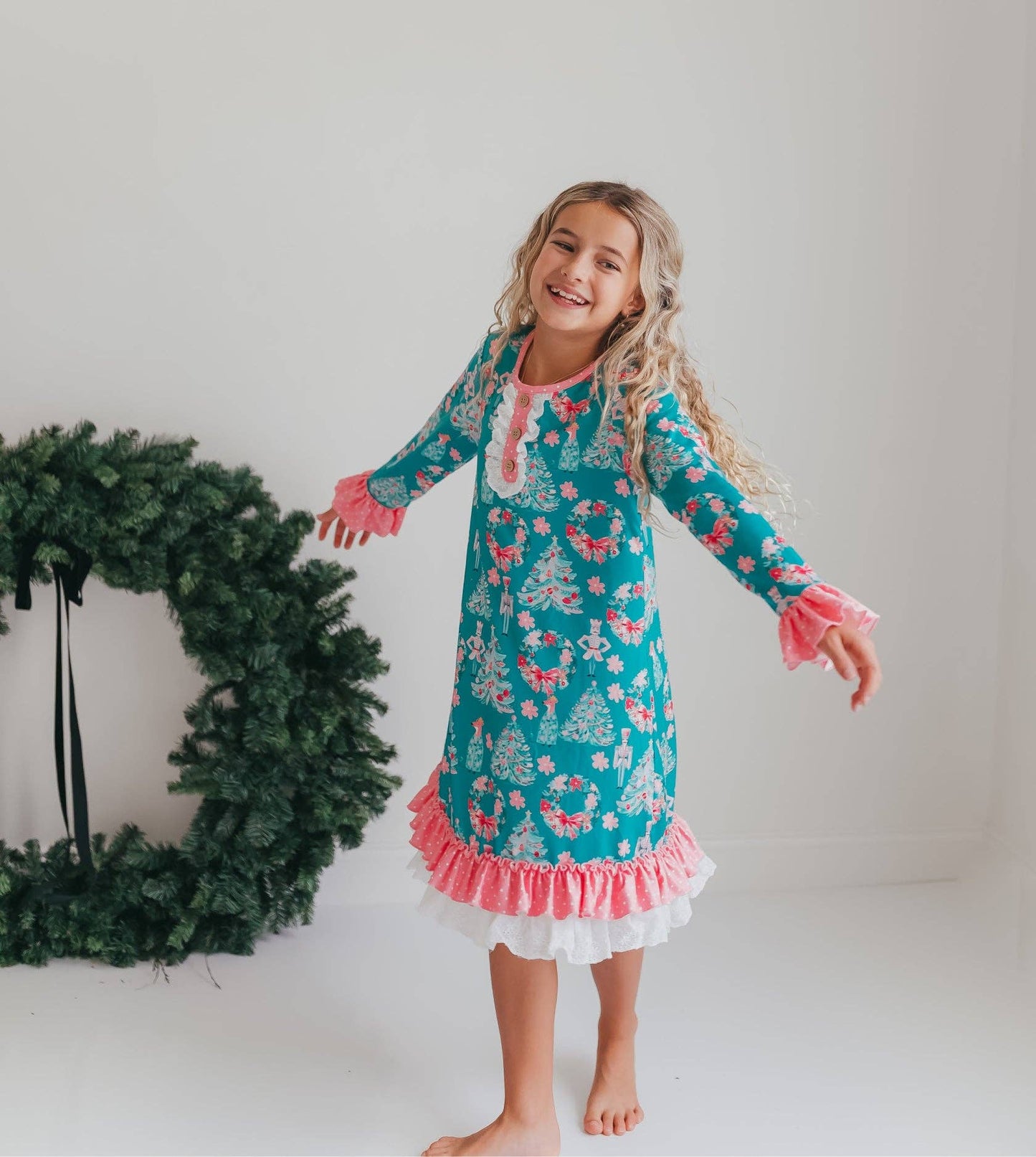 Kids Pink Teal Christmas Holiday Nutcracker Lace Lounge Gown