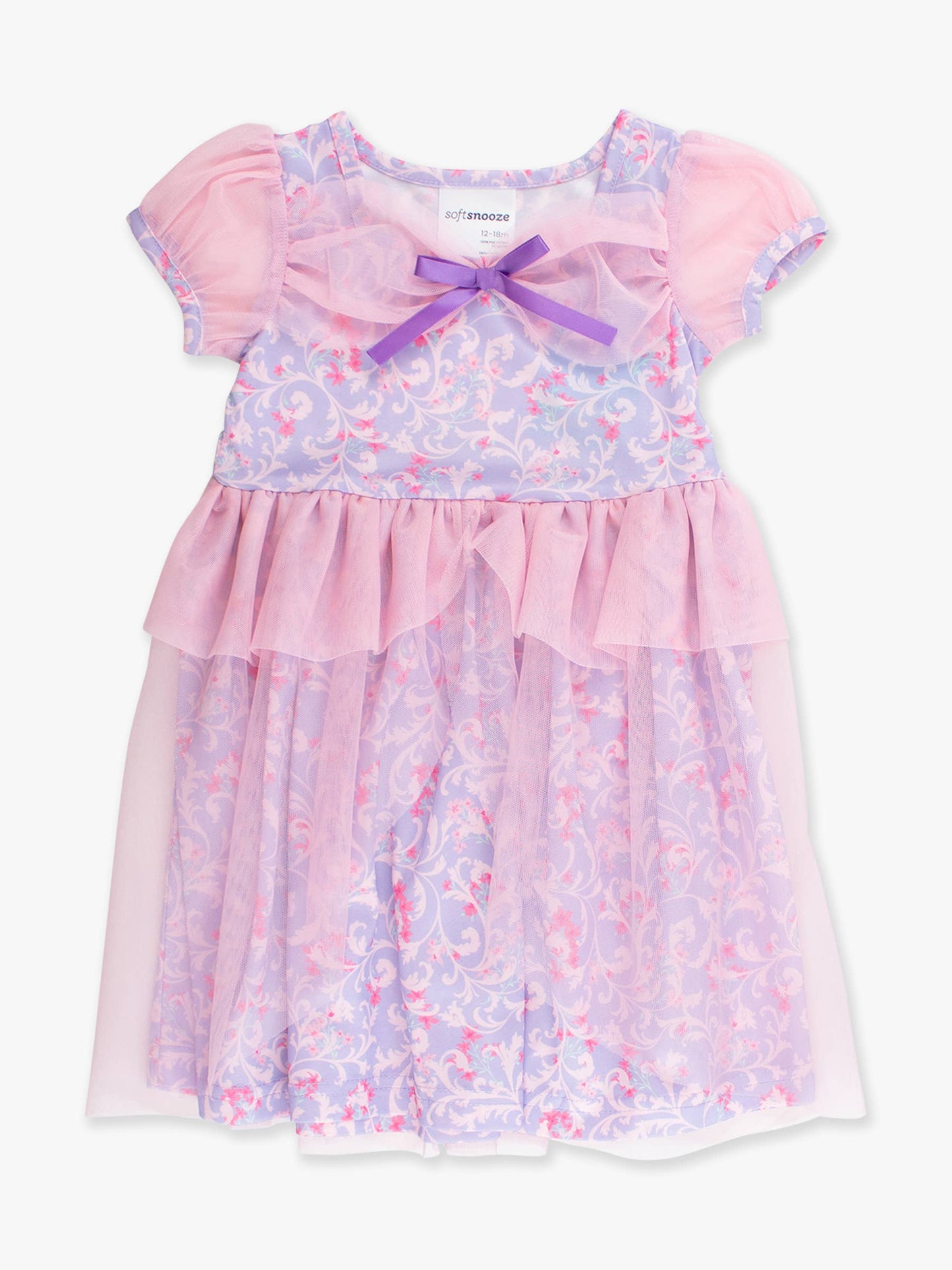SoftSnooze™ Girls Lavender Floral Princess Puff Sleeve Dress-Up Nightgown