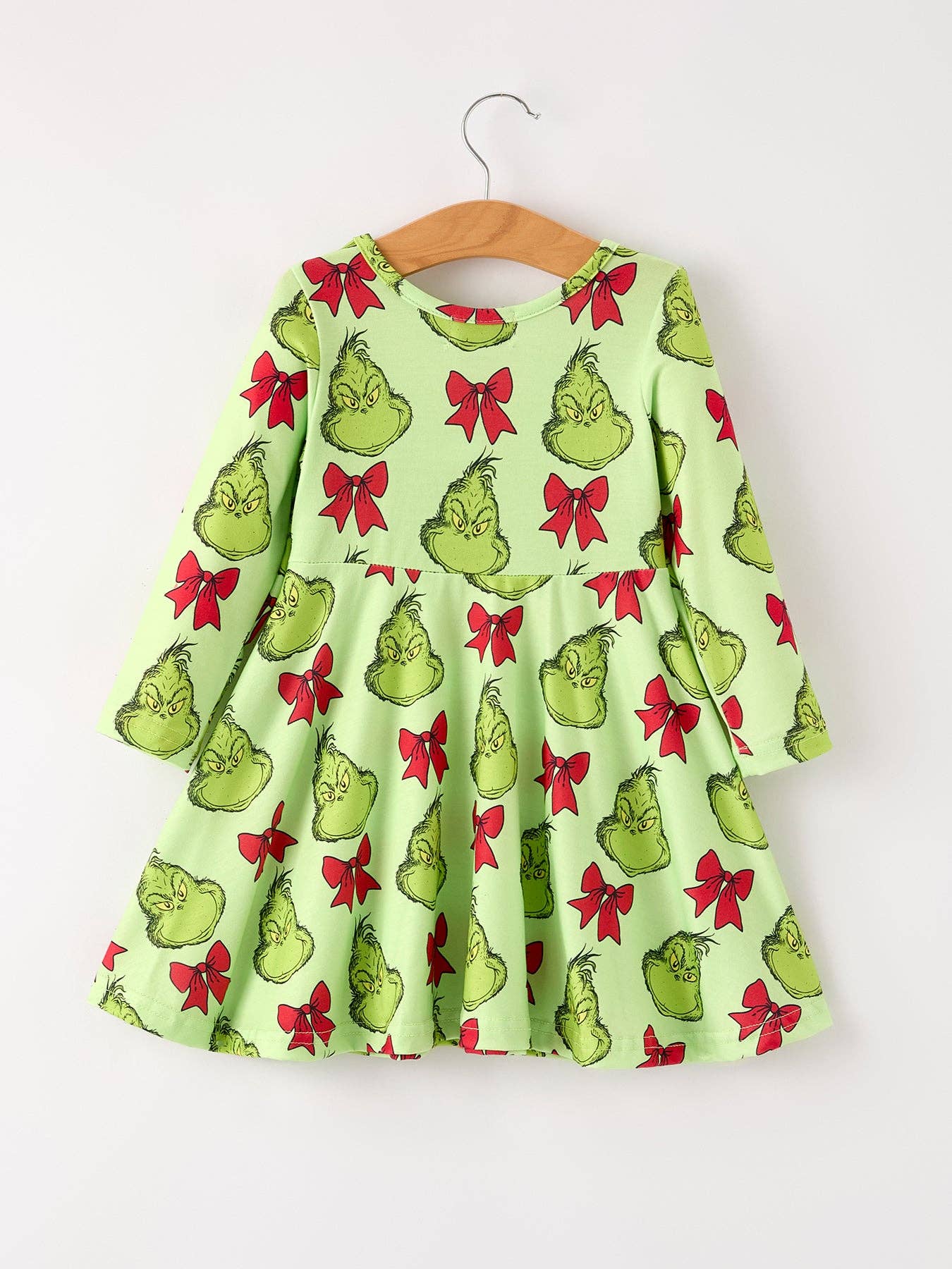 Winter Christmas Tree Bow Character Print  Green Girls Dress