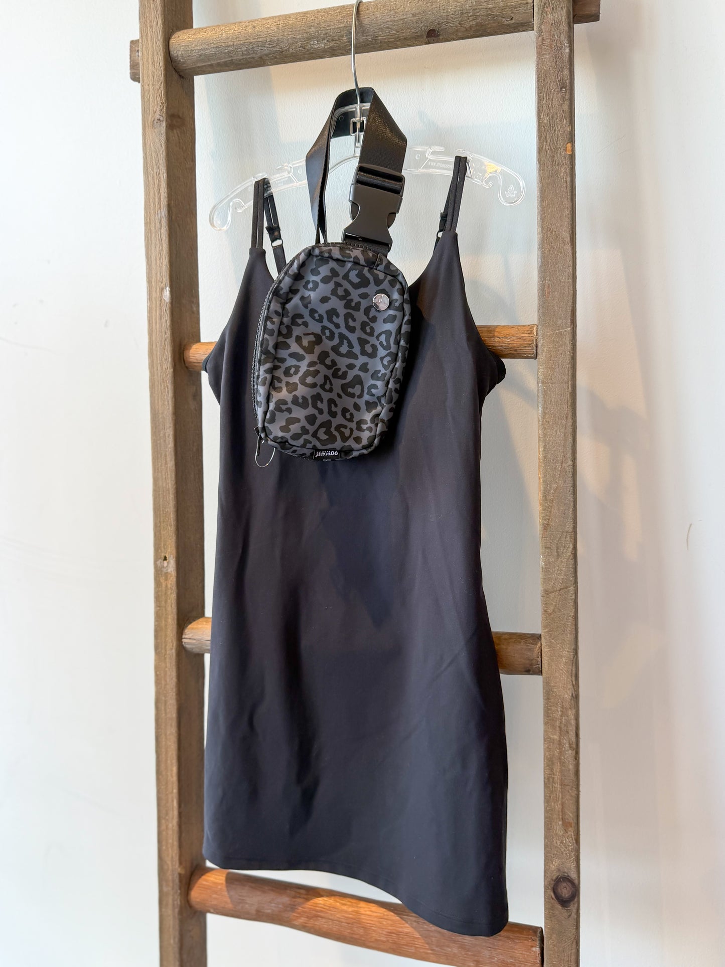 Black dress w/ leopard belt bag