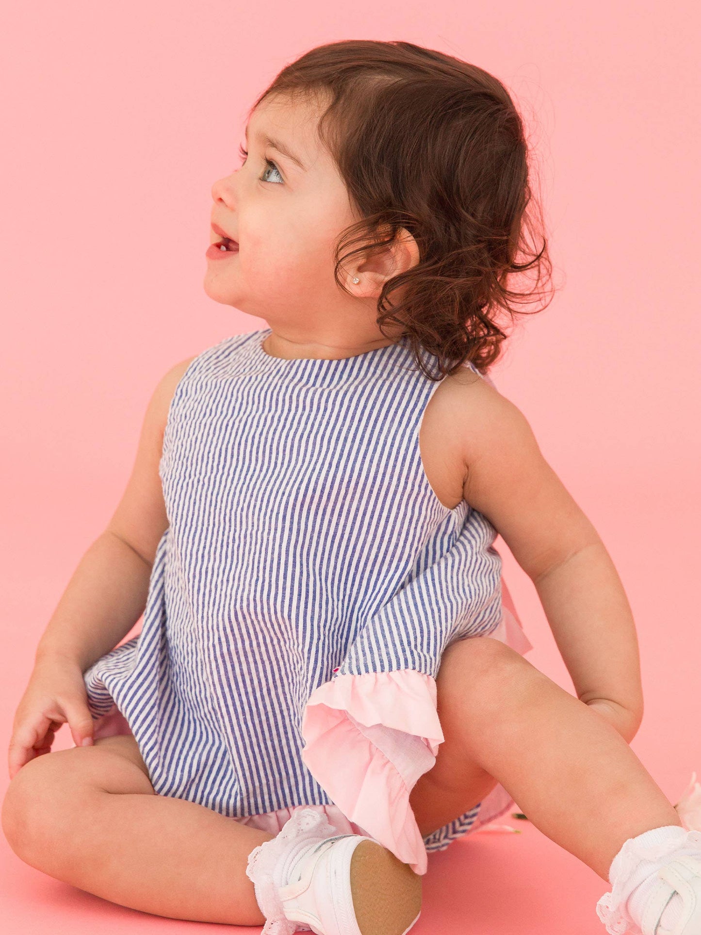 Baby Girls Classic Blue Seersucker Ruffle Swing Top and Bloomer Set
