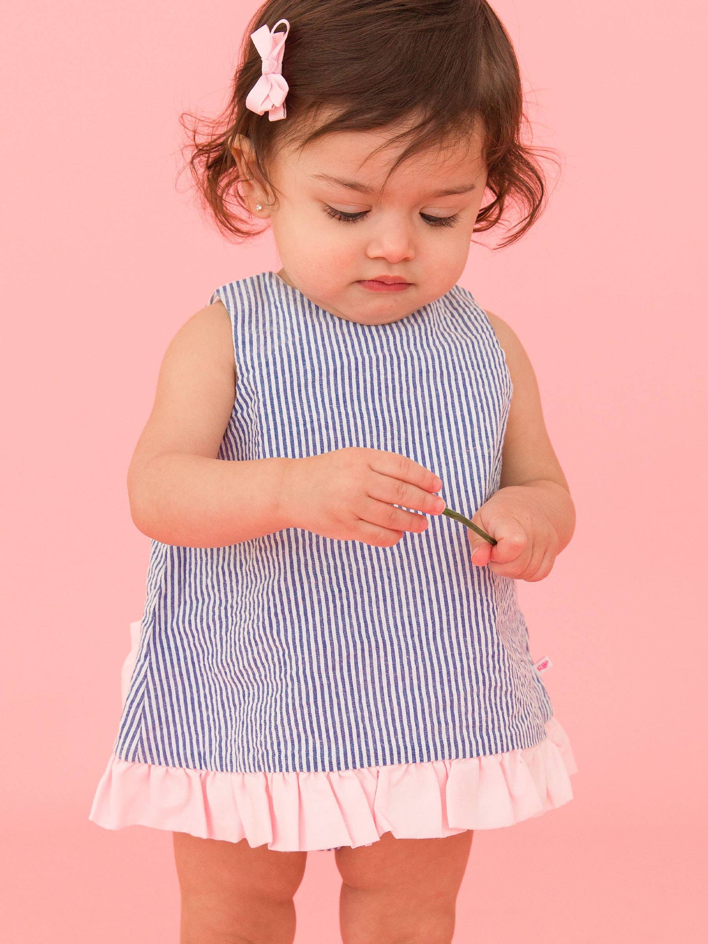 Baby Girls Classic Blue Seersucker Ruffle Swing Top and Bloomer Set
