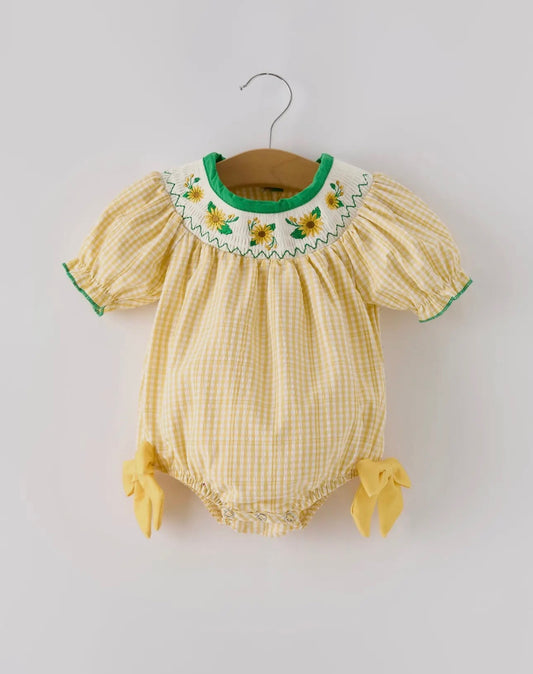 Yellow plaid floral baby girl romper
