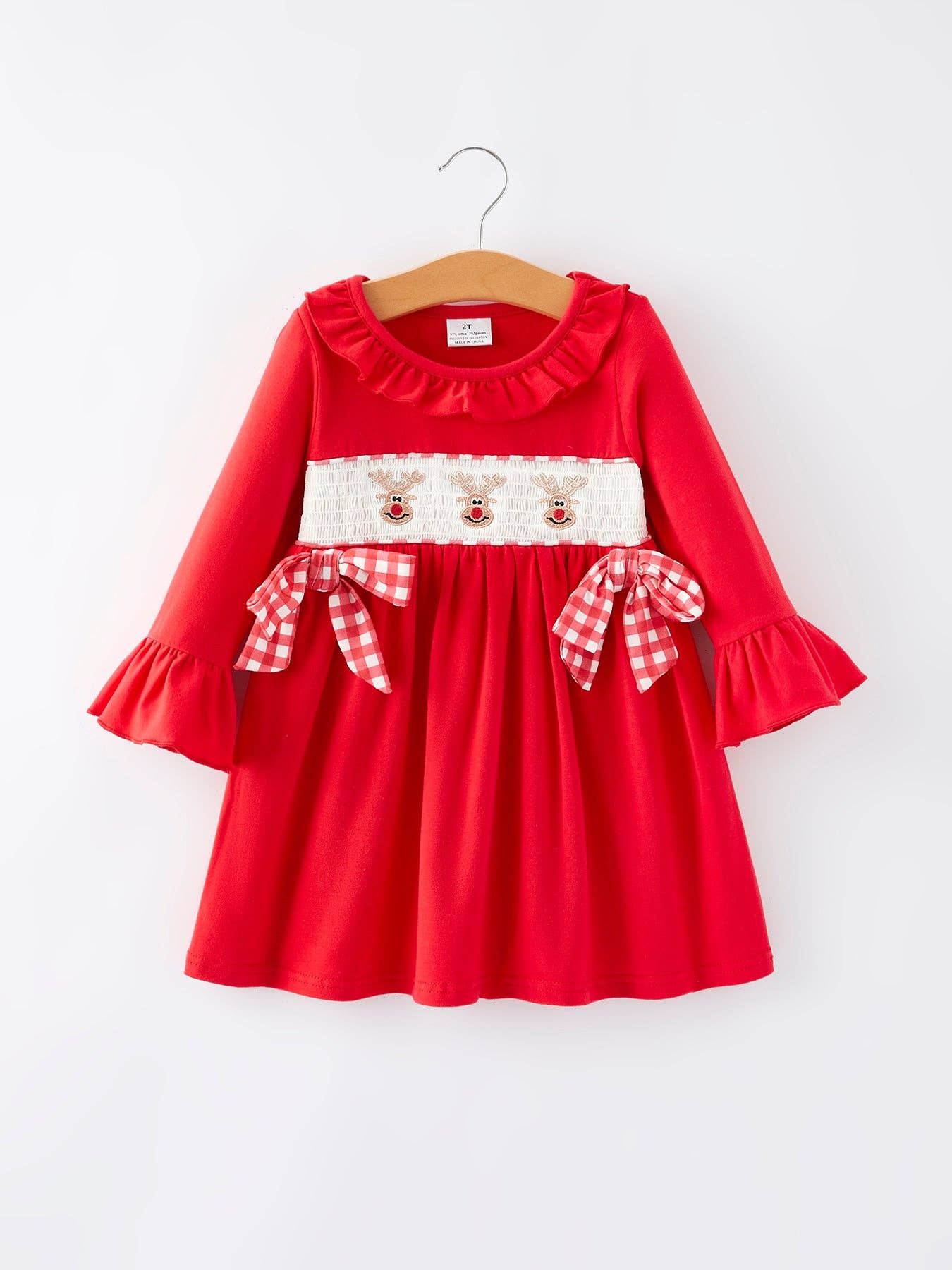 Christmas Bow Red Smocking Reindeer Embroidery Girls Dress