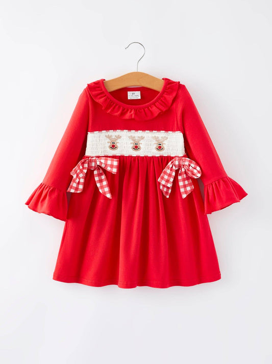 Christmas Bow Red Smocking Reindeer Embroidery Girls Dress