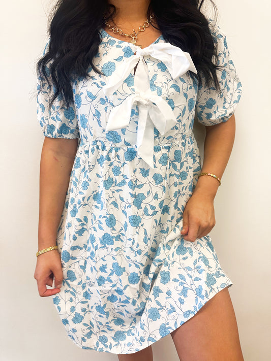 Blue Floral Dress with Front Tie