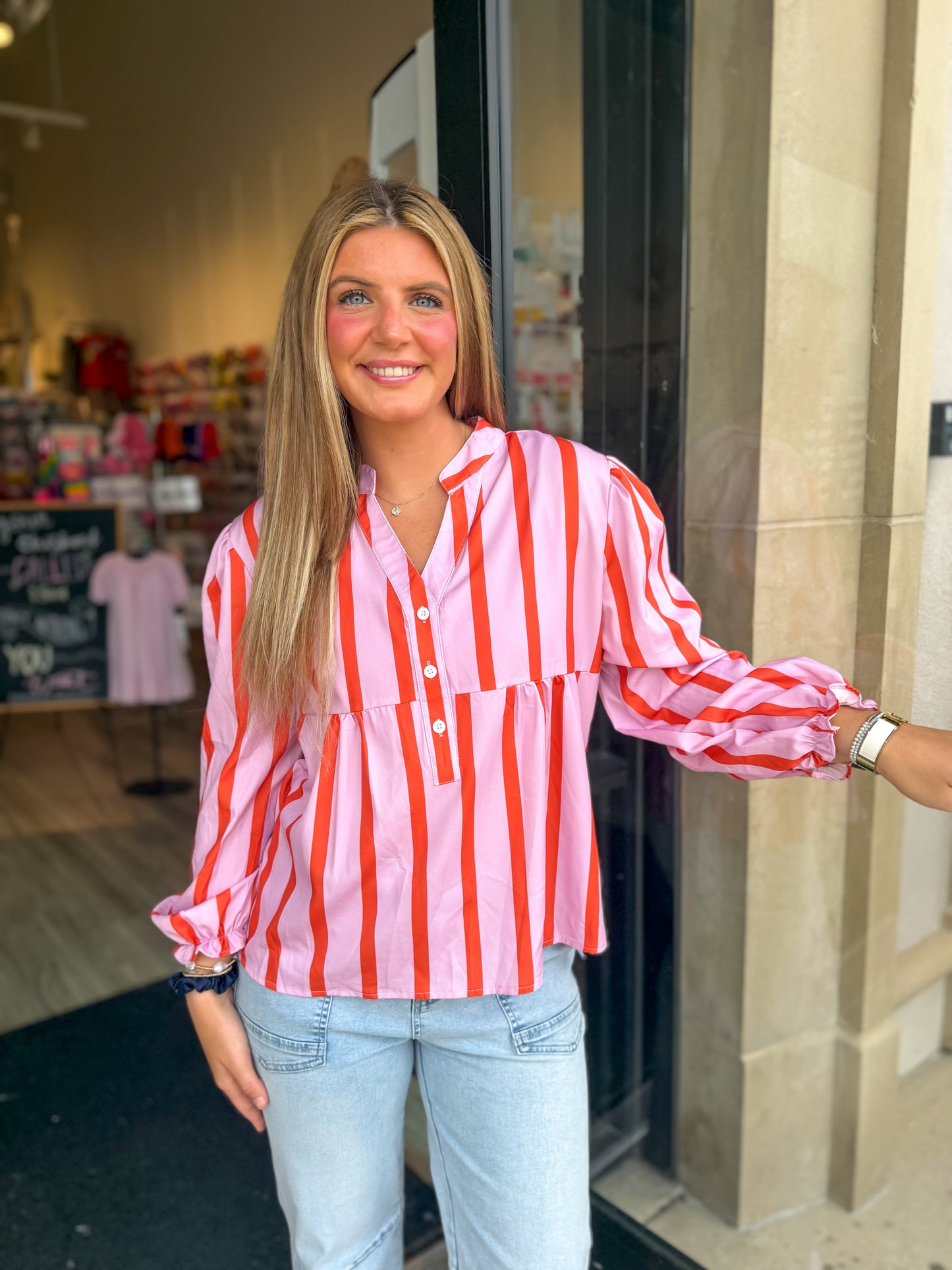 Ladies bubble gum striped shirt