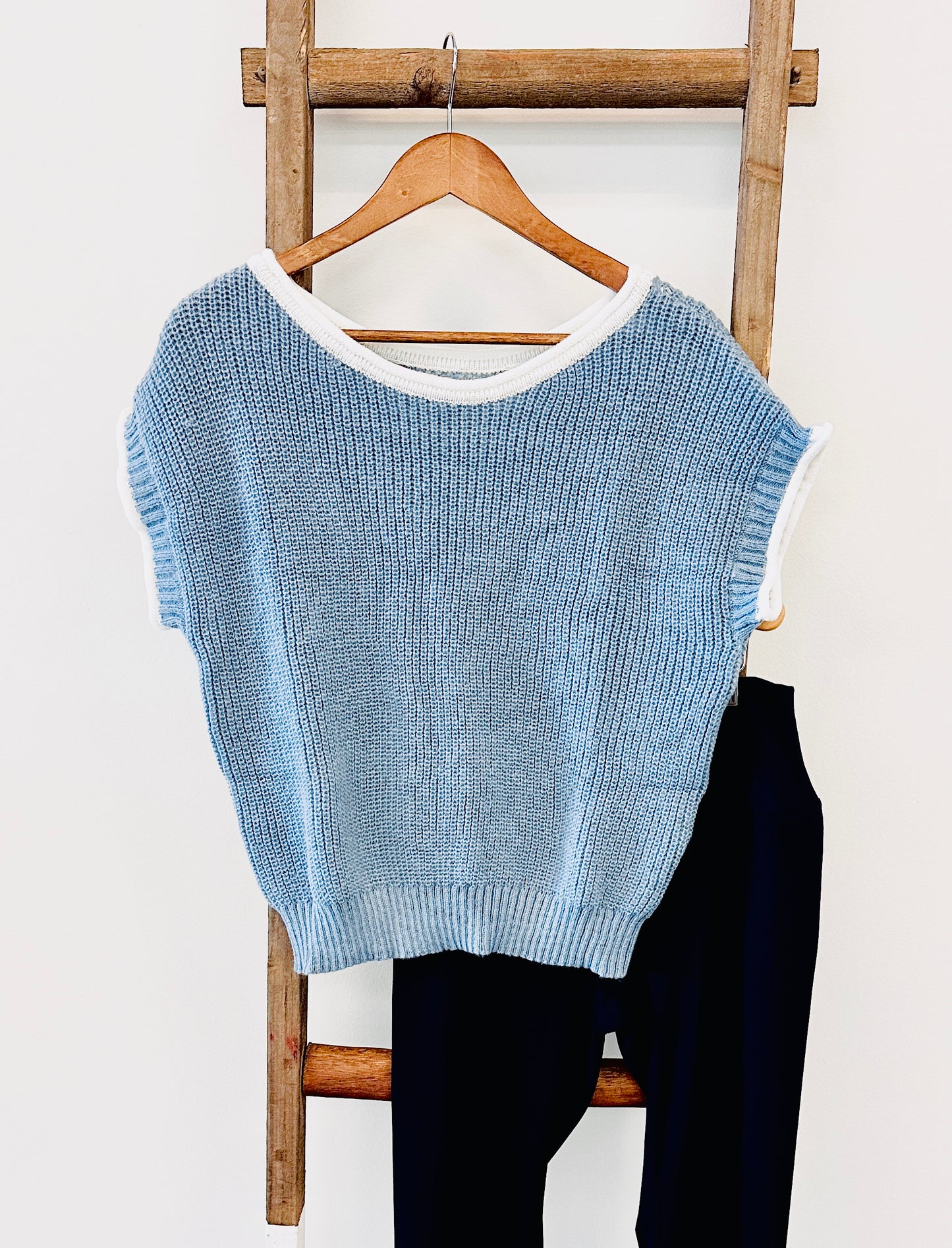Blue and white knit sweater