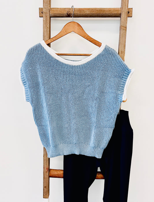 Blue and white knit sweater