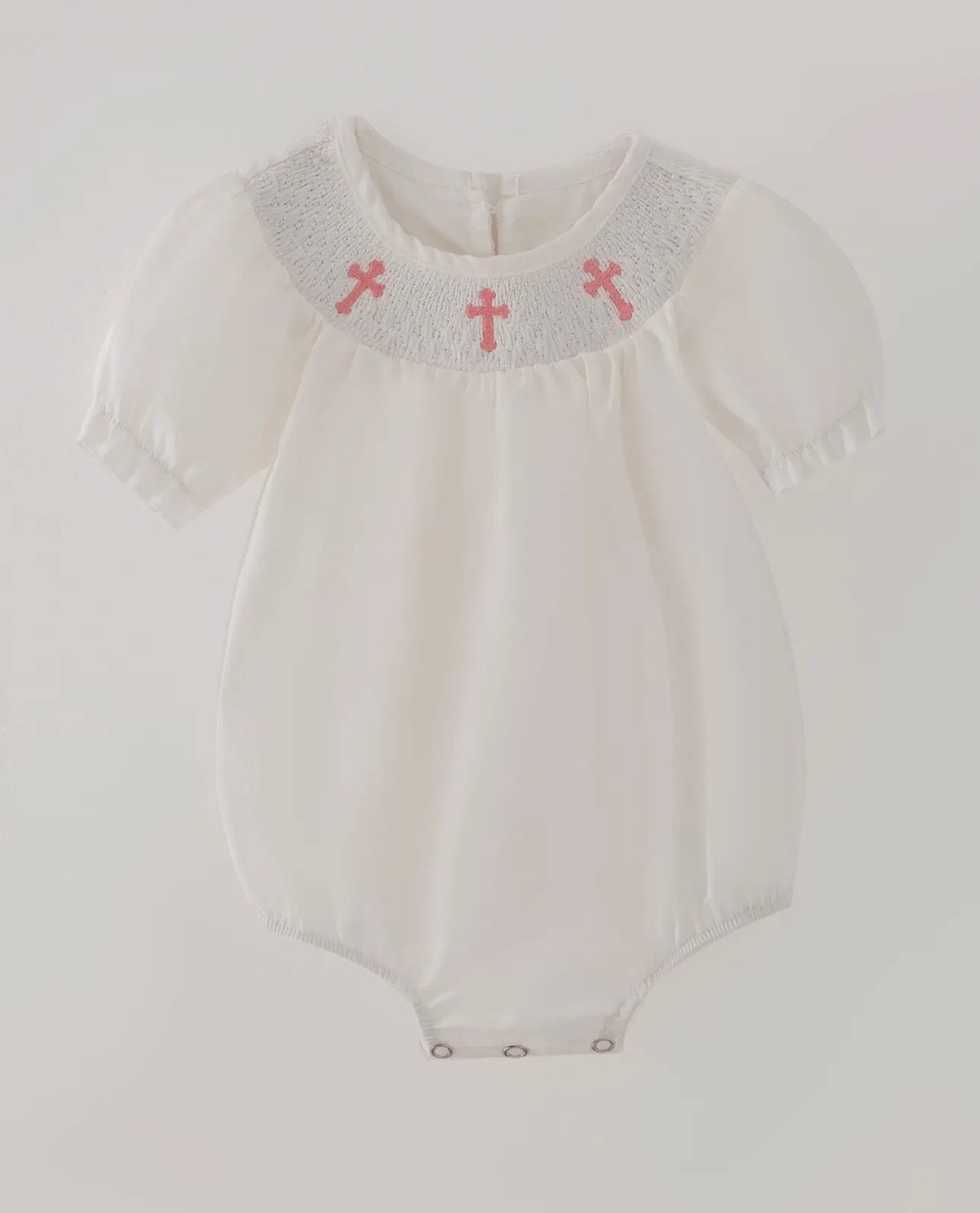 White smocked church romper