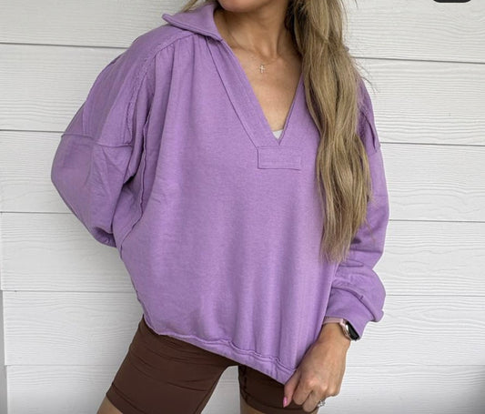 French Terry Collared Pullover-Lavender