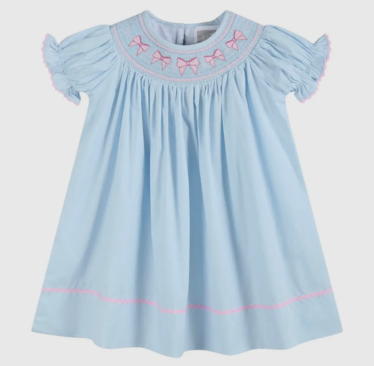 Blue and pink bow smocked bishop dress