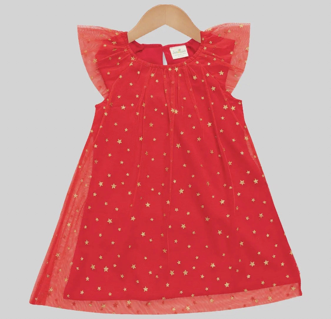 Elegant Red Starry Tulle Sleeveless Dress -Toddler