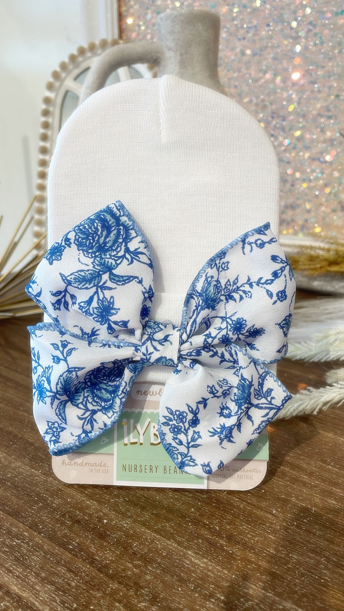 Ilybean toile floral bow in pink or blue newborn girl hat- blue floral bow, newborn