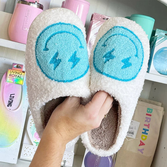 Blue Electric Smiley Slippers