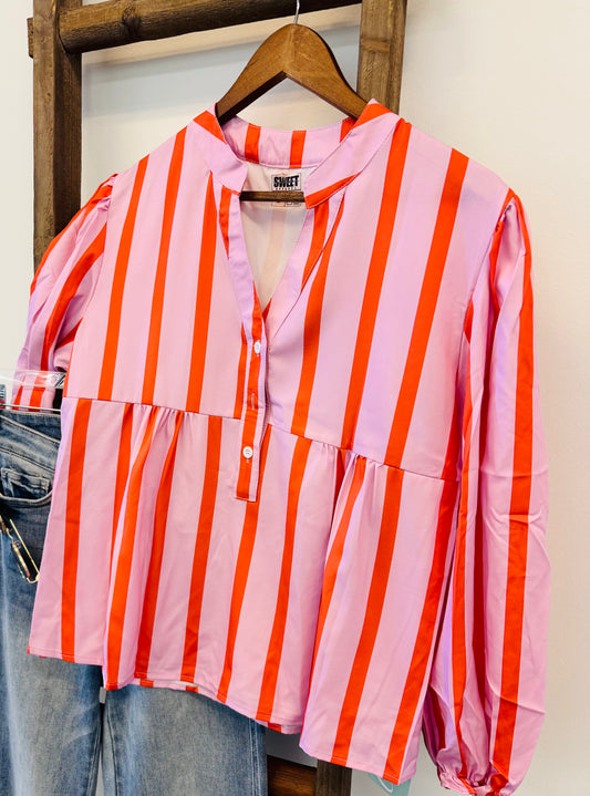 Ladies bubble gum striped shirt