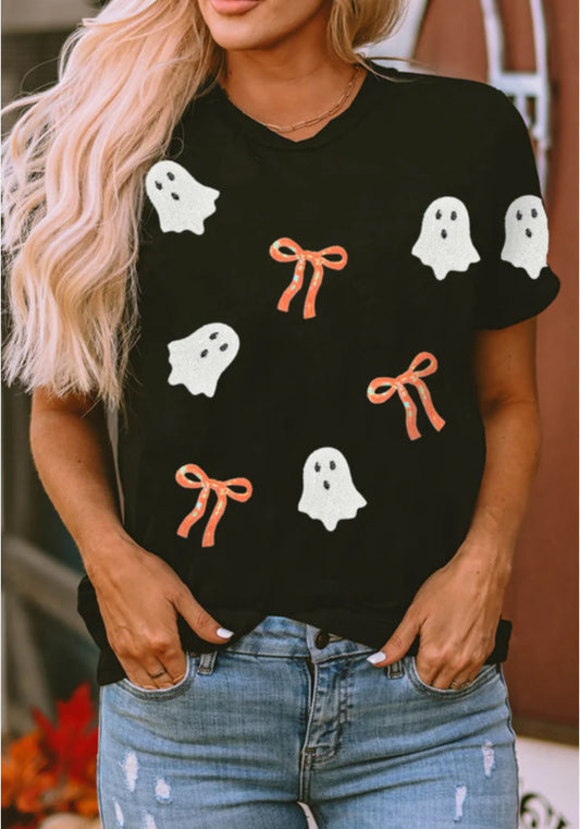 Spooky black bows and ghost sequin ladies top
